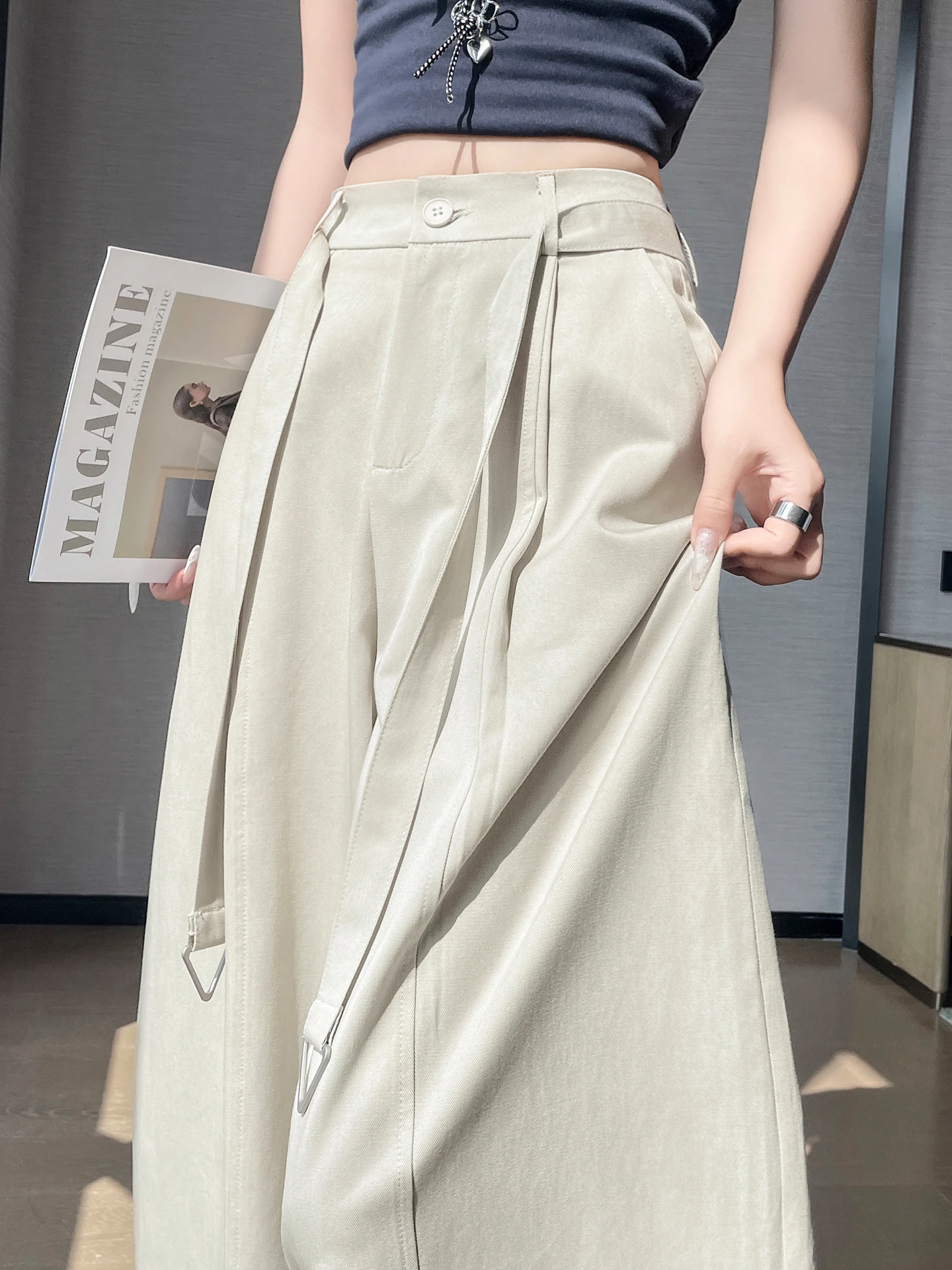 

Женские летние тонкие повседневные брюки цвета хаки с высокой талией и поясом, в корейском стиле, свободные, универсальные, с эффектом высокого качества, широкие брюки-костюмные.