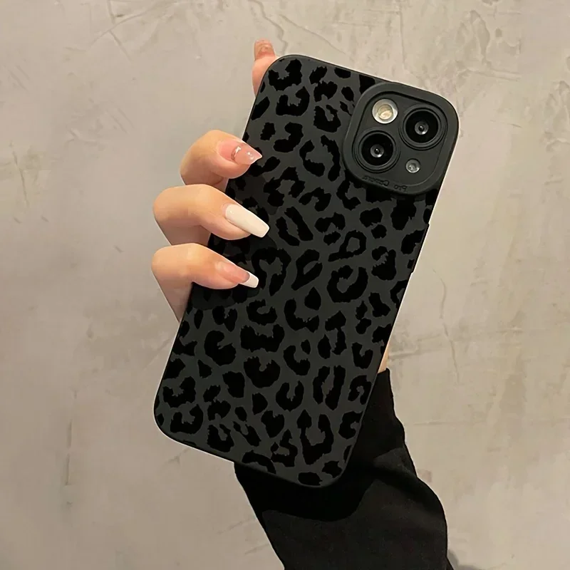 Black Leopard Print Silicone Case for iPhone 16 15 14 Pro Max 12 13 Mini 11Pro XS XR 7 8 Plus Dustproof Shockproof Cover - náhled 4