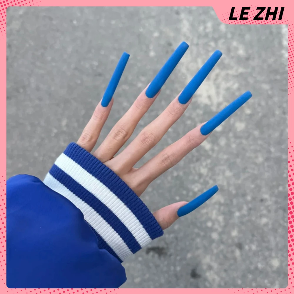Spicy Girl Europe America Style Xxl Long Tip Coffin Handmade Fake Nails Solid Color Rhinestone Design Wearable Full Cover Nails