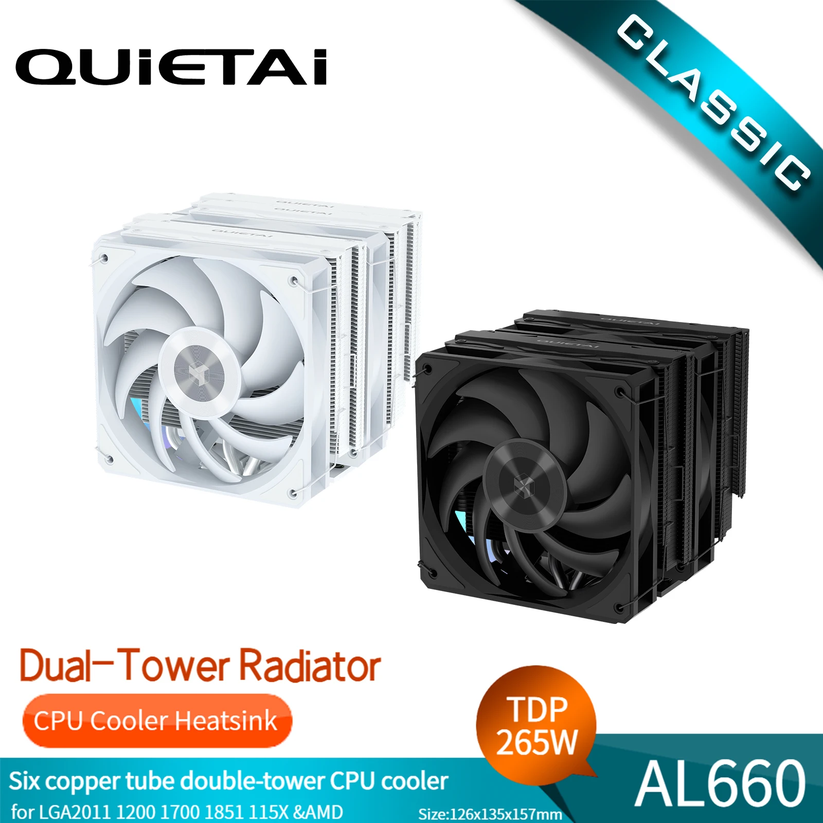 

QUIETAI AL660 CPU cooler Twin Tower Radiator 6 Heat Pipes Air Cooling For AMD/Intel LGA2066/2011/1851/1700/1200/115X AM5/AM4