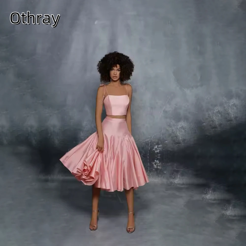 

Two Pieces Spaghetti Strap Cocktail Dresses Tea Length Satin Sleeveless A Line Formal Party Gowns Customized платье на выпускной