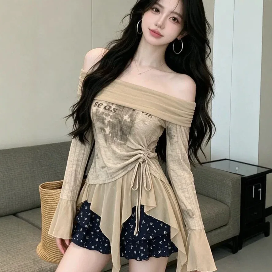 Slimming Tie Dye T-Shirt with Drawstring Shoulder Baring Bell Sleeves Retro Hong Kong Style Sexy Asymmetrical Commute Style W...