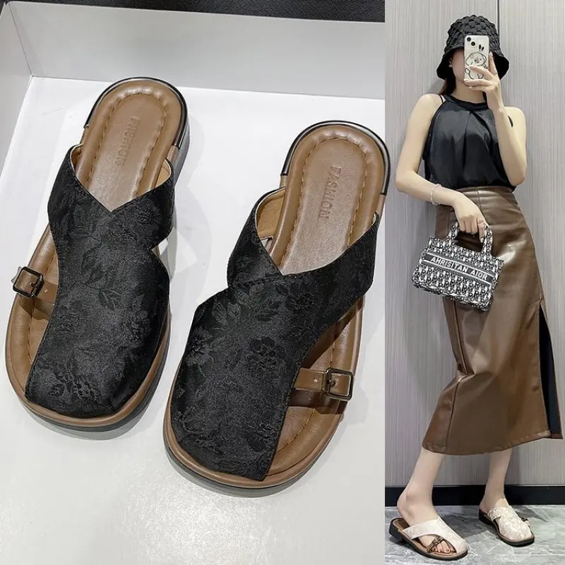 

Genuine Leather Women Sandals Fashion Embroidery Home Floor Slides WoMen Spring Summer Soft Sole Outdoor Slippers Female Shoes