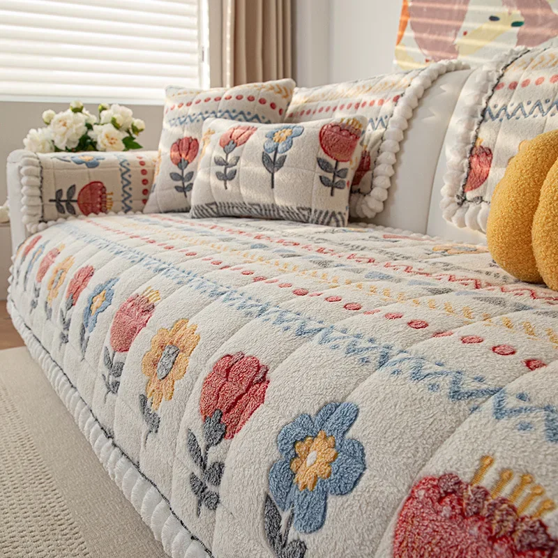 Bohemian Thick Snowflake Velvet Sofa Cushion Cartoon Printed Warm Couch Covers Non-Slip Sofa Protector for Autumn and Winter