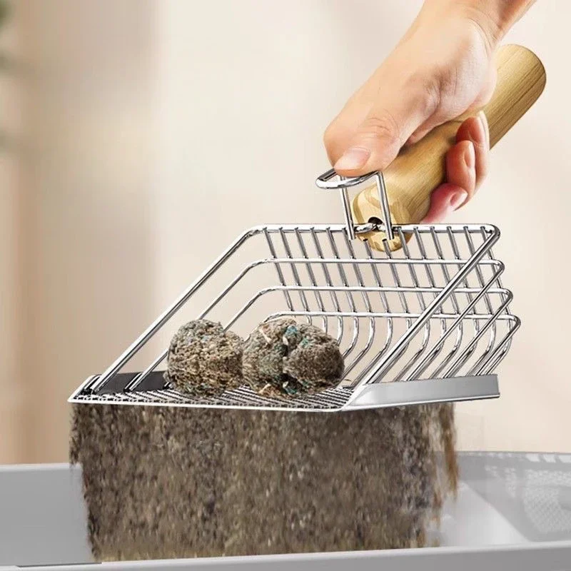Cuchara de arena para gatos de acero inoxidable 2 en 1, cuchara de malla duradera, limpiador de arena para gatitos con orificio para colgar, herramientas de limpieza de fácil almacenamiento