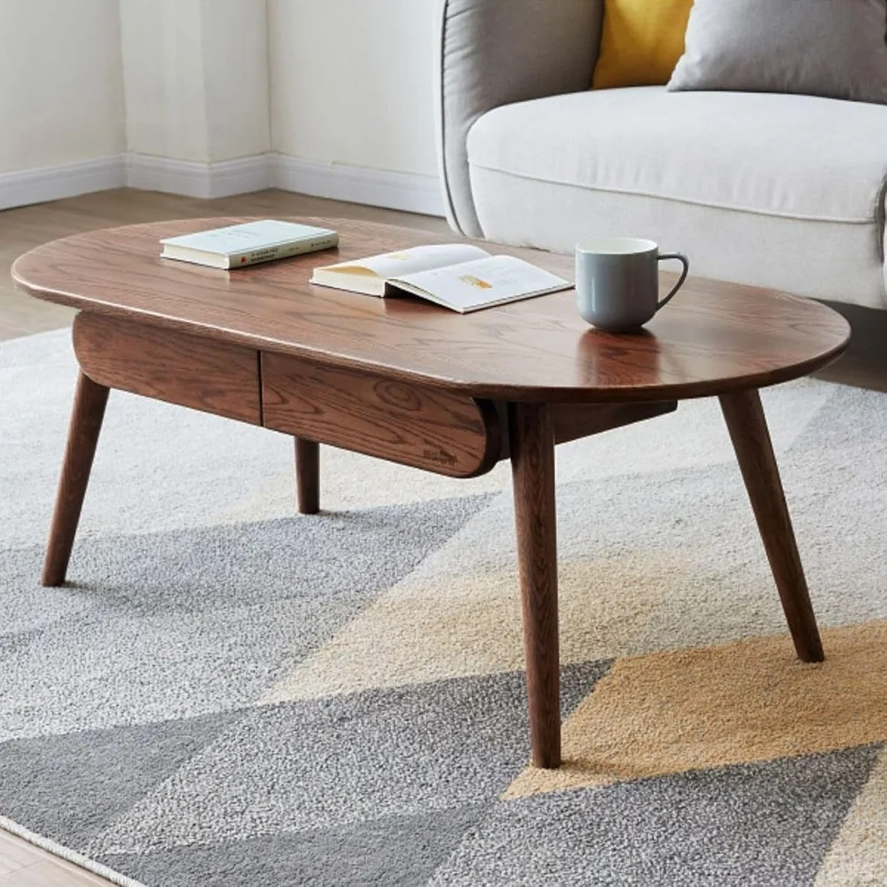 

Modern Oak Coffee Table - Unique Coffee Table & Space-Saving Wooden Coffee Table Easy Assembly (Walnut Color with Drawers)