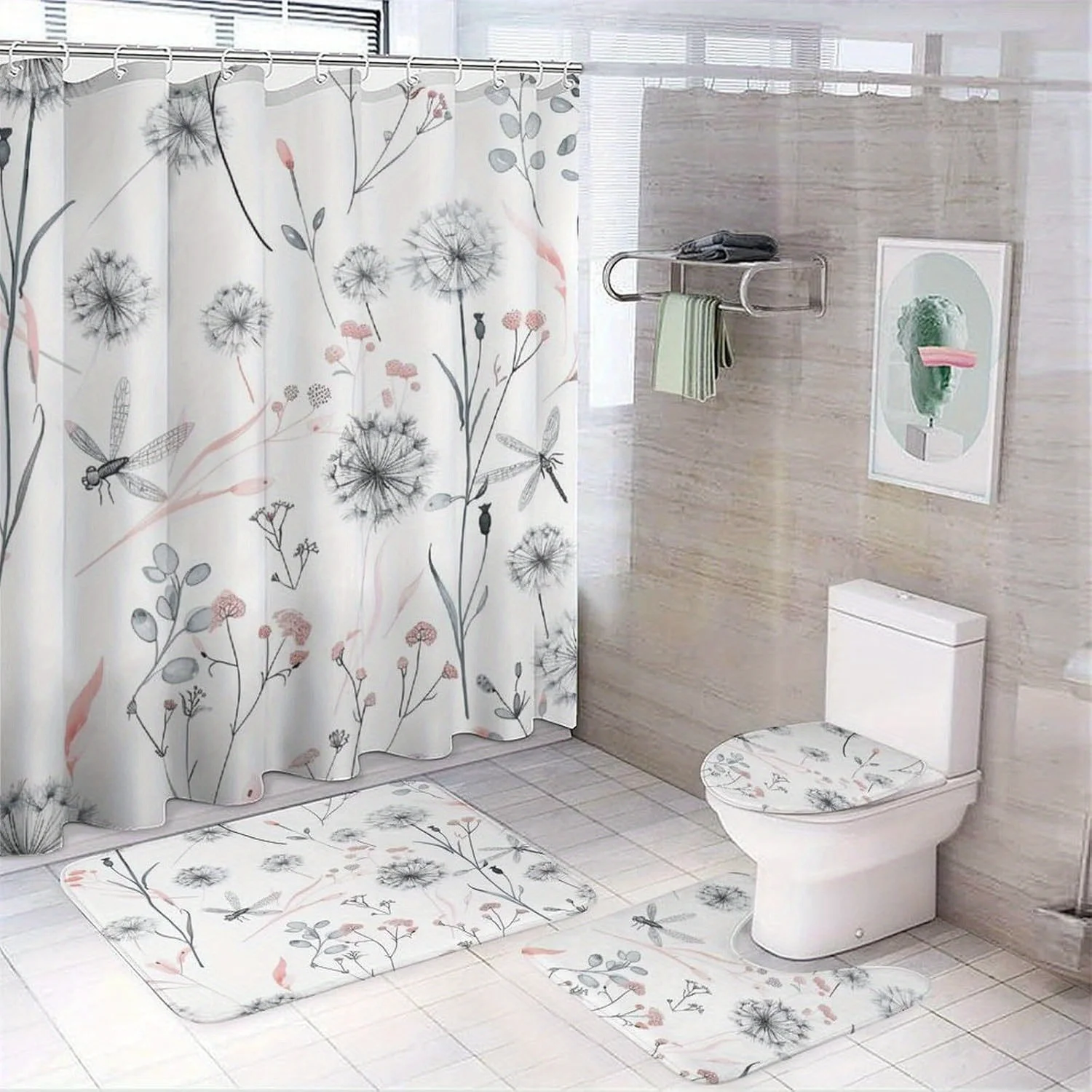 

4шт. Узор одуванчика и стрекозы, можно стирать в машине, полиэфирная ткань, занавеска для душа, коврик для унитаза, нескользящий коврик, U-образный коврик.
