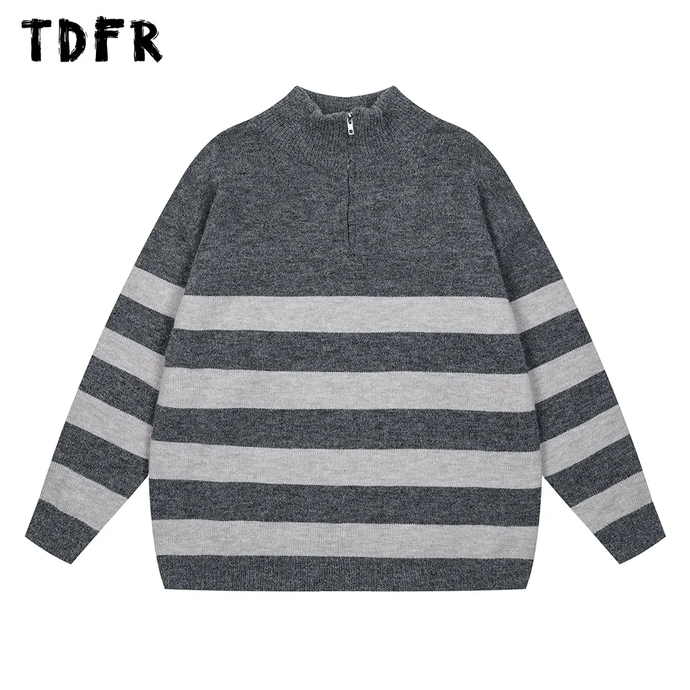 Spliced Striped Knitted Sweater Mens Streetwear Autumn Winter Loose Half Zipper Crew Neck Long Sleeve Pullover Men