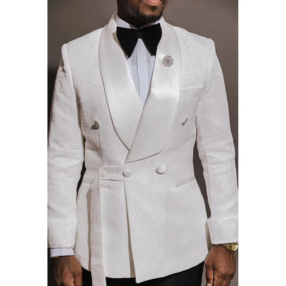 

Luxury White Jacquard Men's Suits High Quality Wedding 2 Piece Jacket Pants Double Breasted Shawl Lapel Male Clothing Costume