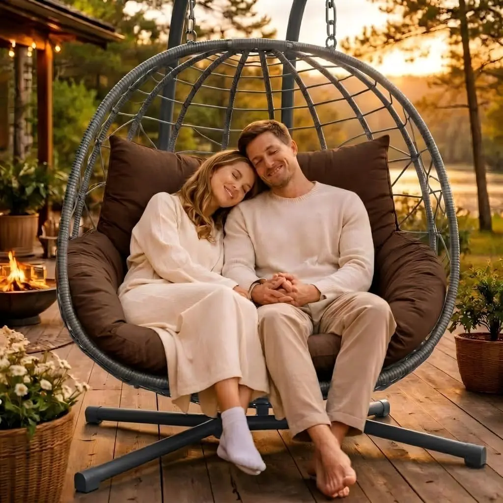 Outdoor Double Egg Swing Chair with Stand, Foldable Hanging Loveseat with Cushion, 700 lbs Weight Capacity, Brown Patio Egg Chair for Bedroom, Balcony, Garden