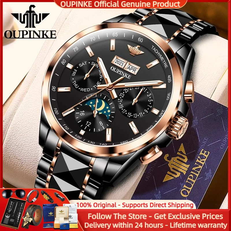 

OUPINKE 3238 Men Fully Automatic Mechanical Watch Luxury Brand Watch Moon Phase Waterproof Clock Rose Gold Black Cool Men Watch