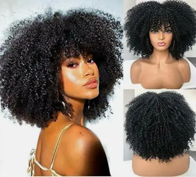 Curly Afro Wig with Bangs Short Kinky Curly Wigs for Black Women Cosplay Daily