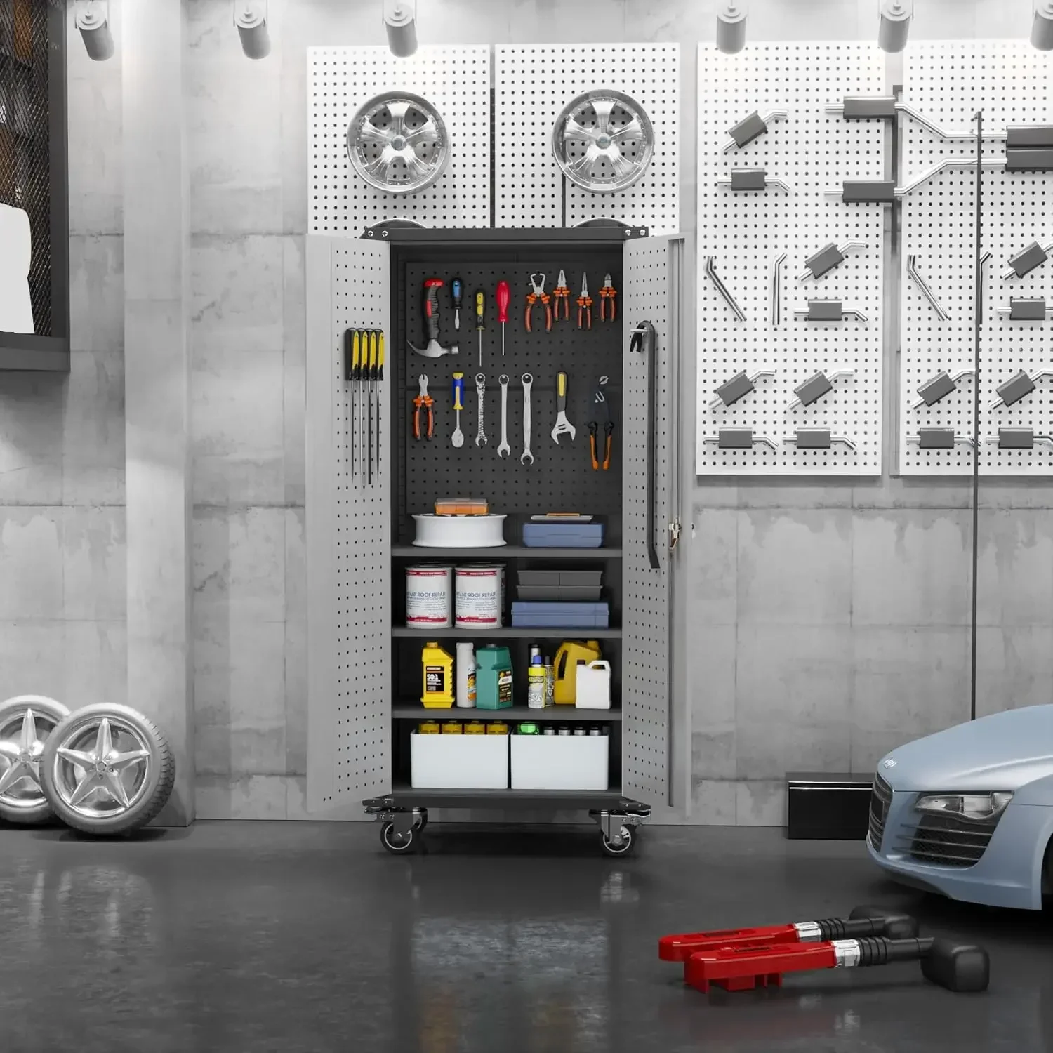 Garage Storage Cabinet with Wheels and Pegboard, Metal Storage Cabinet with Doors and Shelves, Locking Steel Cabinet for Warehou