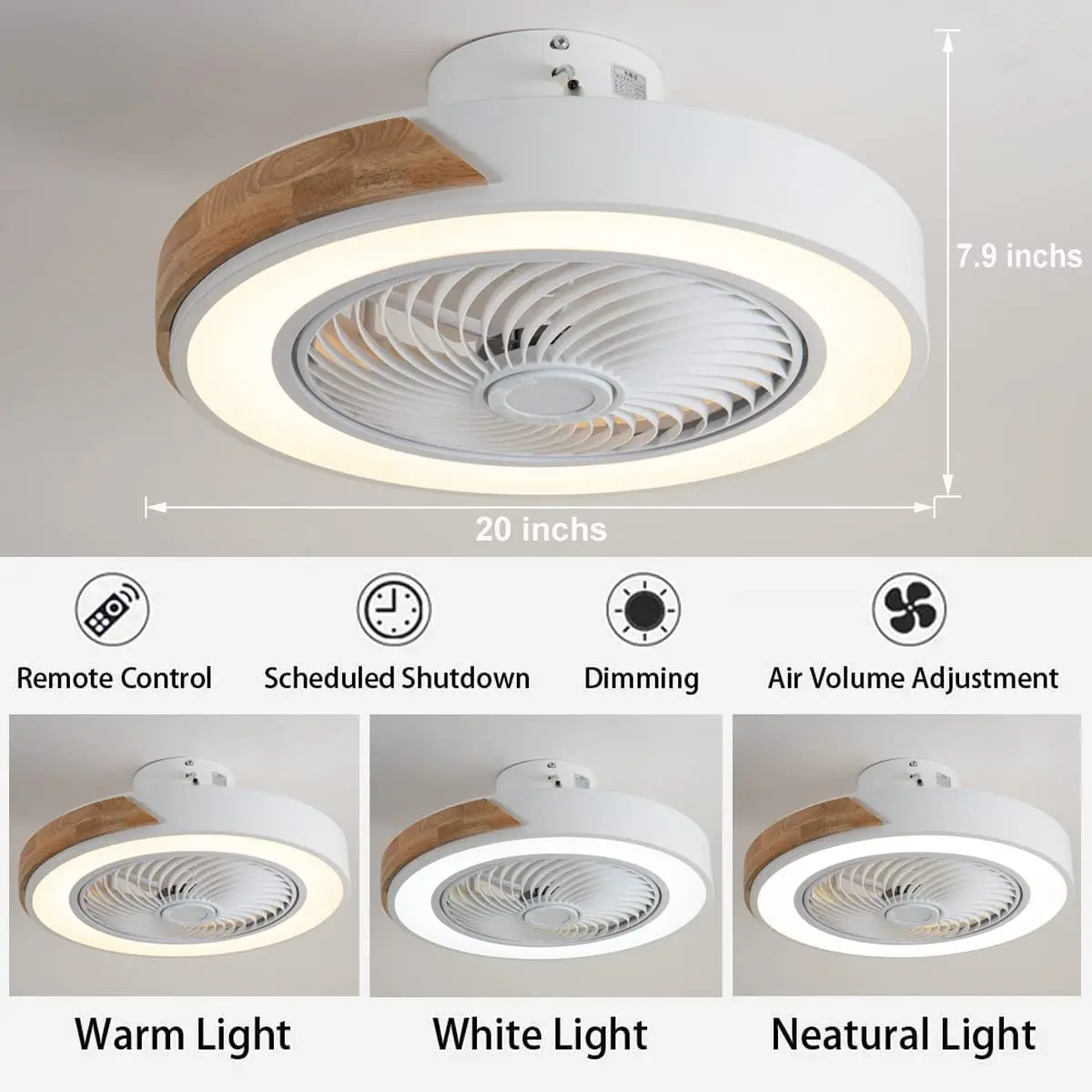 Wooden ceiling fan with Remote Control Dimmable 3 Color Timing LED minimalist light Bedroom Lliving room ceiling fans light