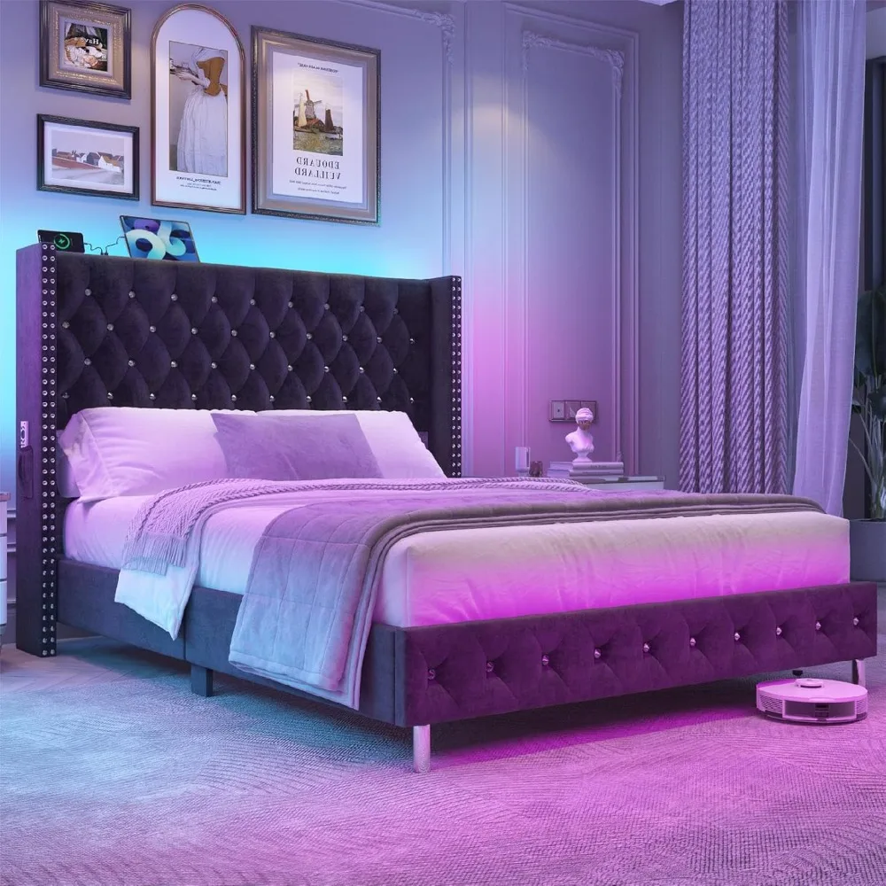 LED Upholstered Bed Frame with Wingback Headboard, Velvet Diamond Button Tufted Bed Frame