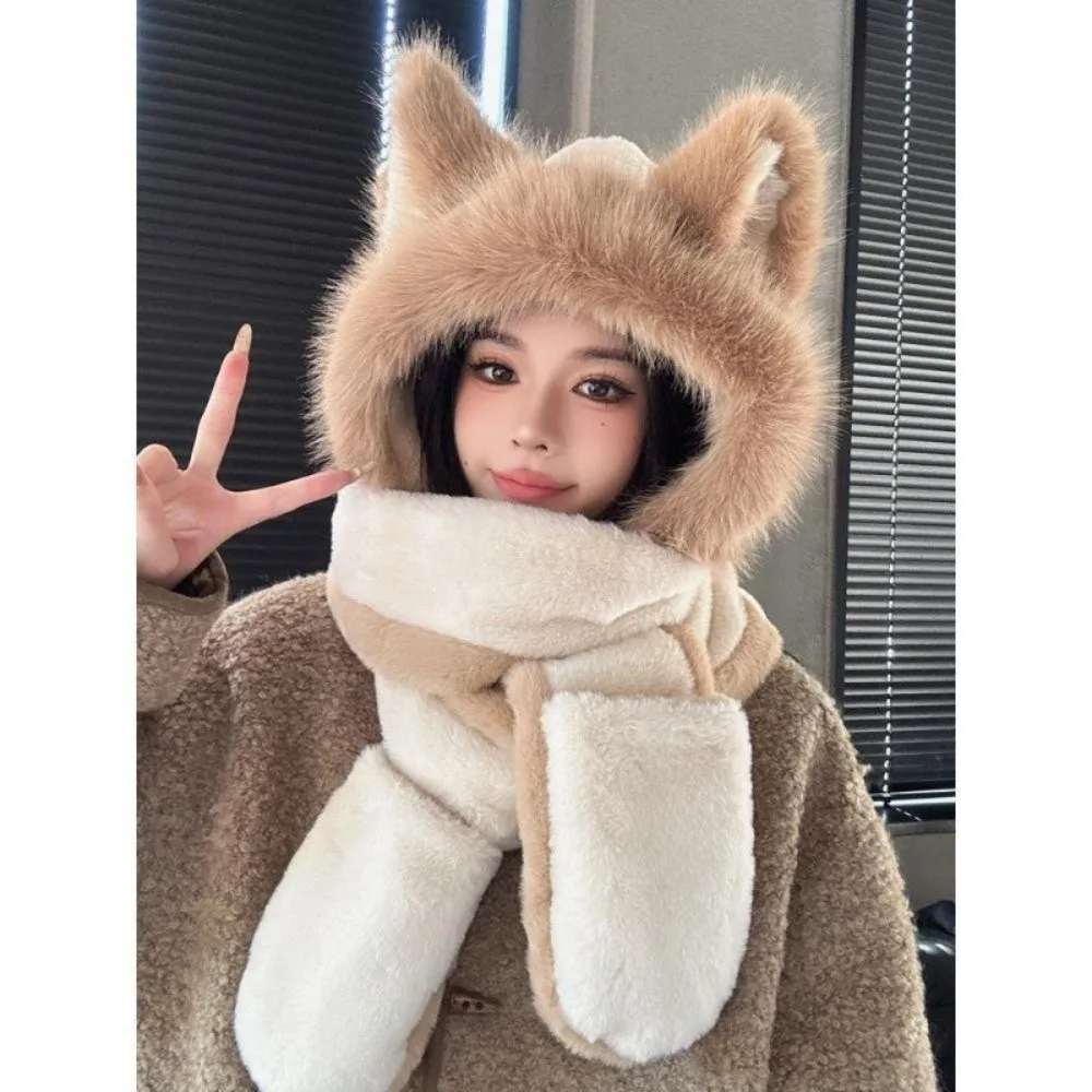 

NEW 3-in-1 Fox Ear Hat Scarf Gloves Keep Warm Ear Protection Scarf Gloves with Mittens Soft Hooded Scarf Autumn Winter