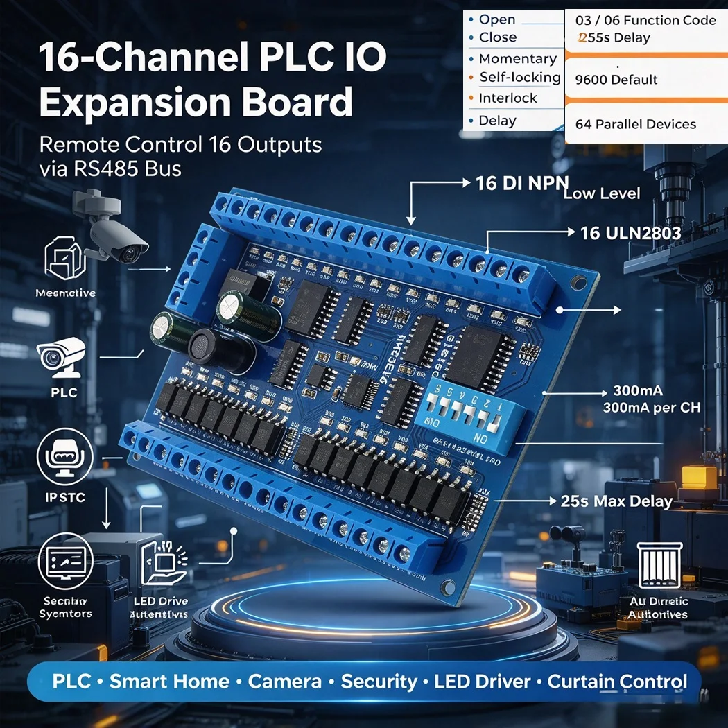 Industrial 16IN 16OUT Opto-Isolated DIO Module RS485 Modbus RTU NPN Darlington 300mA DIN Rail PLC Expansion
