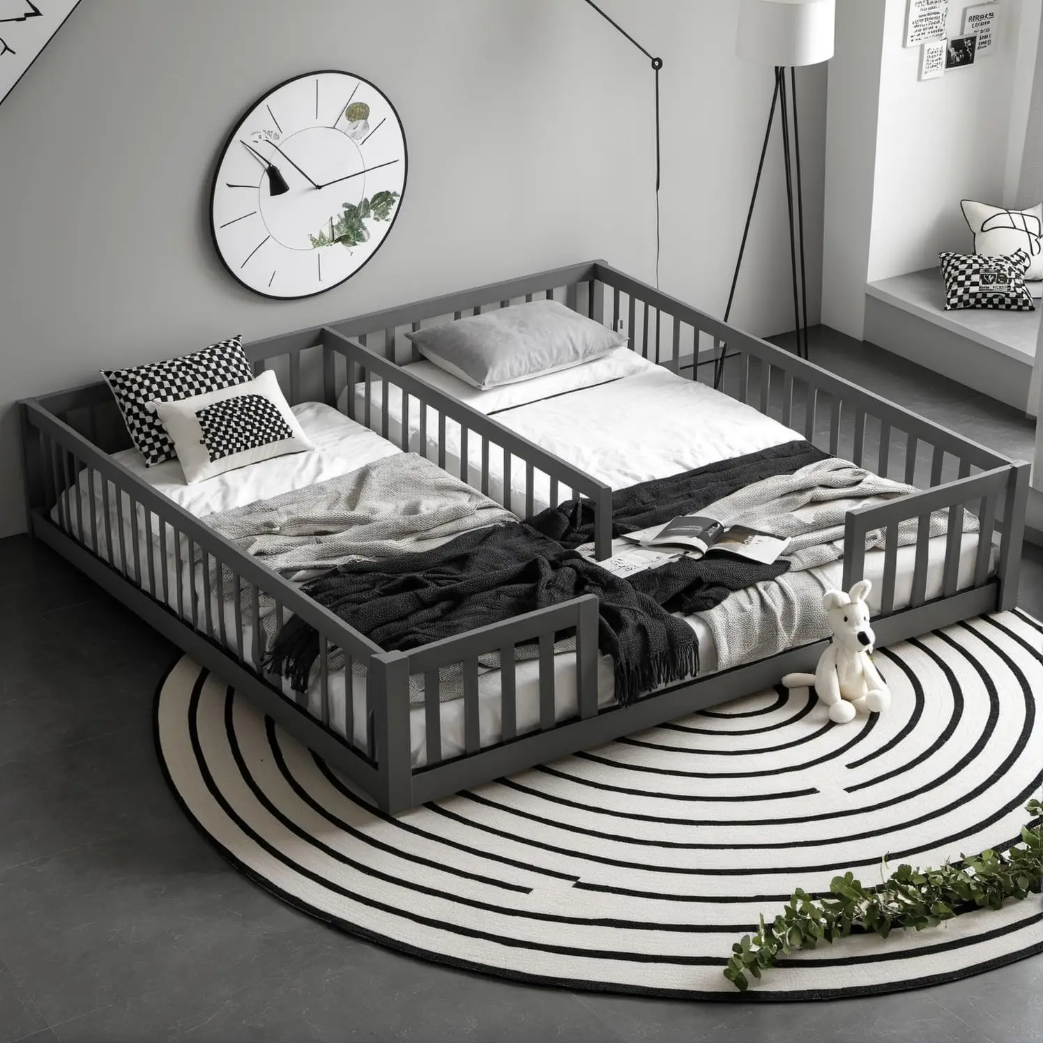 

Twin Size Montessori Floor Bed with Safety Guardrails for Girls & Boys, No Box Spring Needed, Grey