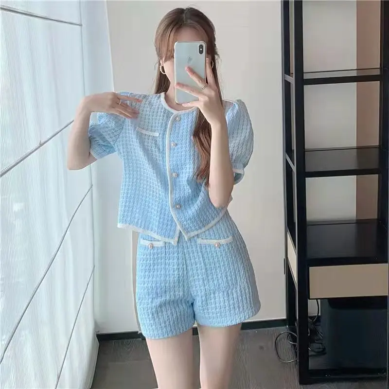 Short Sets Blue High Waist 2024 Summer Women\'S Korean Fashion Top And Shorts Outfits Suit With Shorts For Women New In Matching