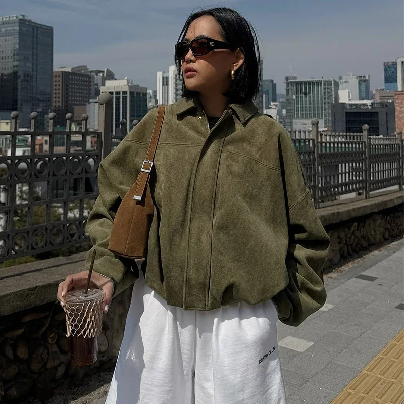 Veste bombardier femme revers fermeture éclair manches longues veste en daim femmes 2025 haute rue recadrée vestes de course manteaux vêtements d'extérieur