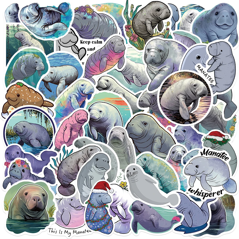 50pcs Cartoon Manatee Animal Stickers for Envelope Computer Phone Case iPad Diary Suitecase Guitar Waterproof DIY Decoration