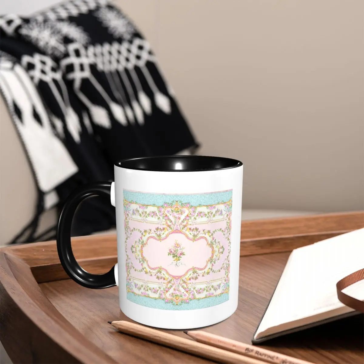 French Rococo Floral Watercolor Panel Mug Funny Ceramic Coffee Cups Tea Mugs Milk Cup Drinkware Gifts for Woman Man