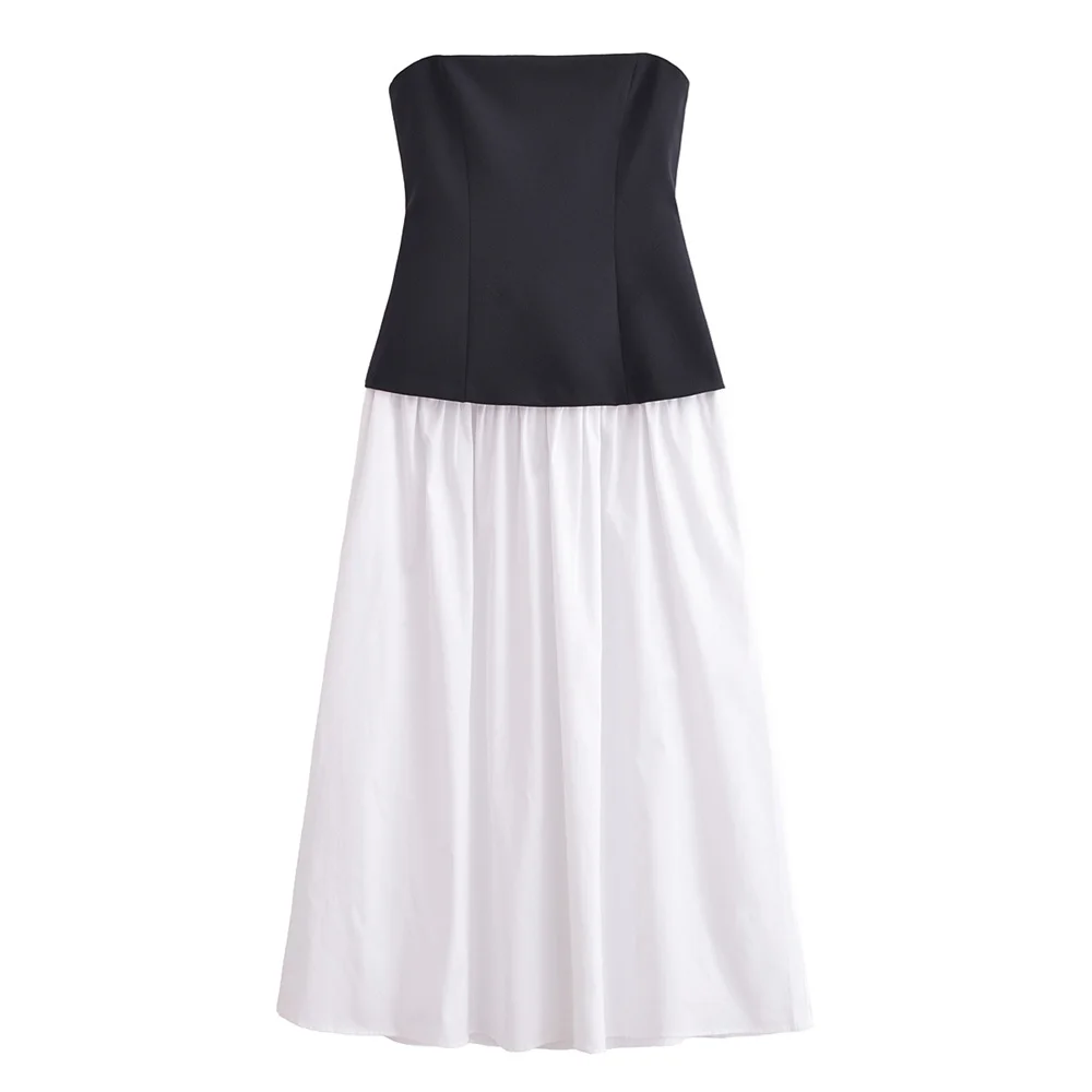 Trägerloses, schulterfreies Patchwork-Kleid für Damen mit plissierten Verzierungen für das neue Damenkleid im Frühling und Sommer