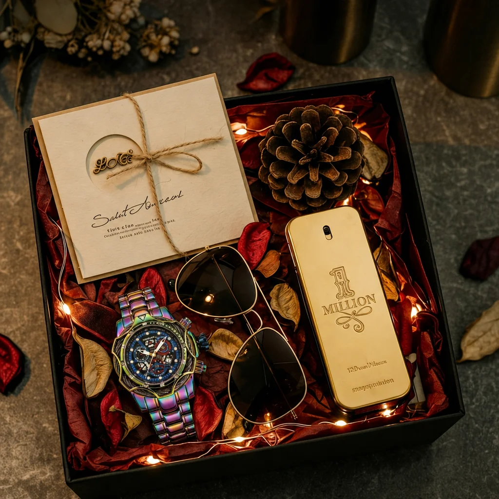 

4pc Men's Iridescent Metal Skeleton Crystal Chronograph Sunglasses Perfume Quartz Watch Gift Box Set, Daily Wear, Birthday Gift