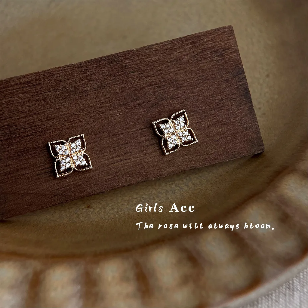Fashion French Luxury Hollow Flower Earrings with Micro Inlaid Zirconia Elegant Monogram Studs