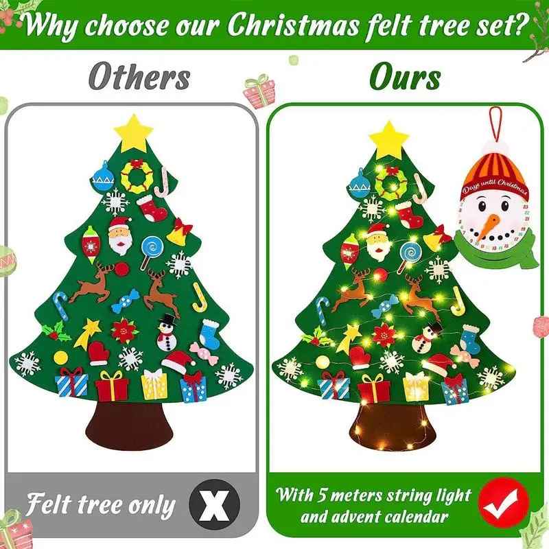 Kit d'arbre de Noël en feutre pour enfants, jouet créatif, décor d'arbre de Noël en feutre avec guirxiété lumineuse LED