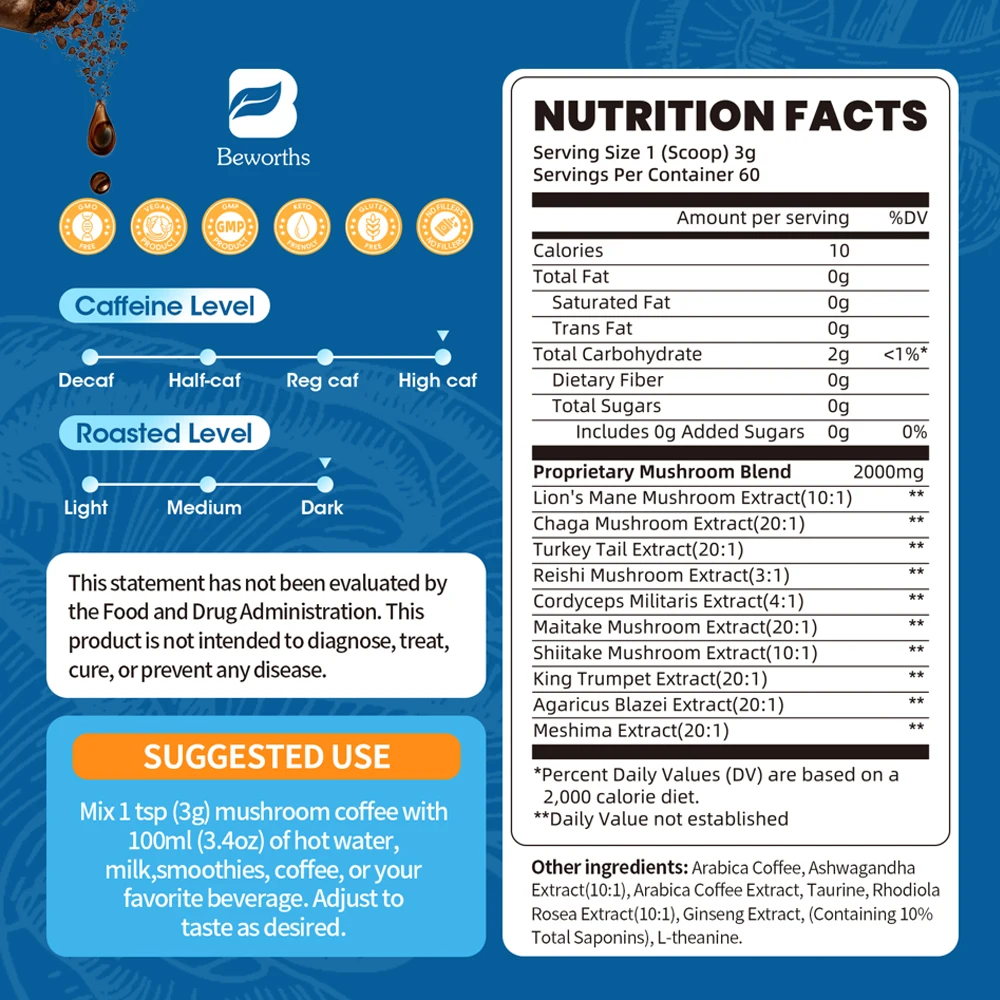BEWORTHS مكمل للطاقة العالية مستخلص أشواغاندا ومزيج القهوة والفطر يدعم المناعة والنوم وصحة القلب وتخفيف التوتر #2