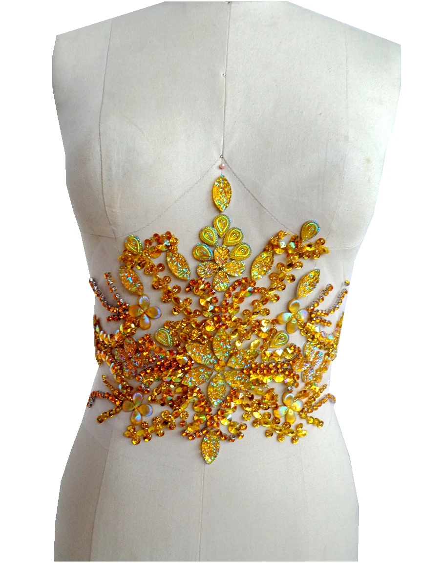 

A21 hand made crystals trim patches Golden sew on Rhinestones applique 35*22cm for top dress skirt belt accessory