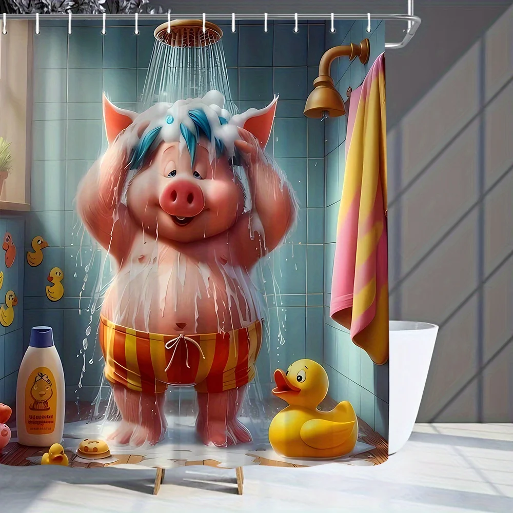 funny pig taking a shower wearing swim trunks shower curtain with rubber duck bathroom tiles design for humorous home decor