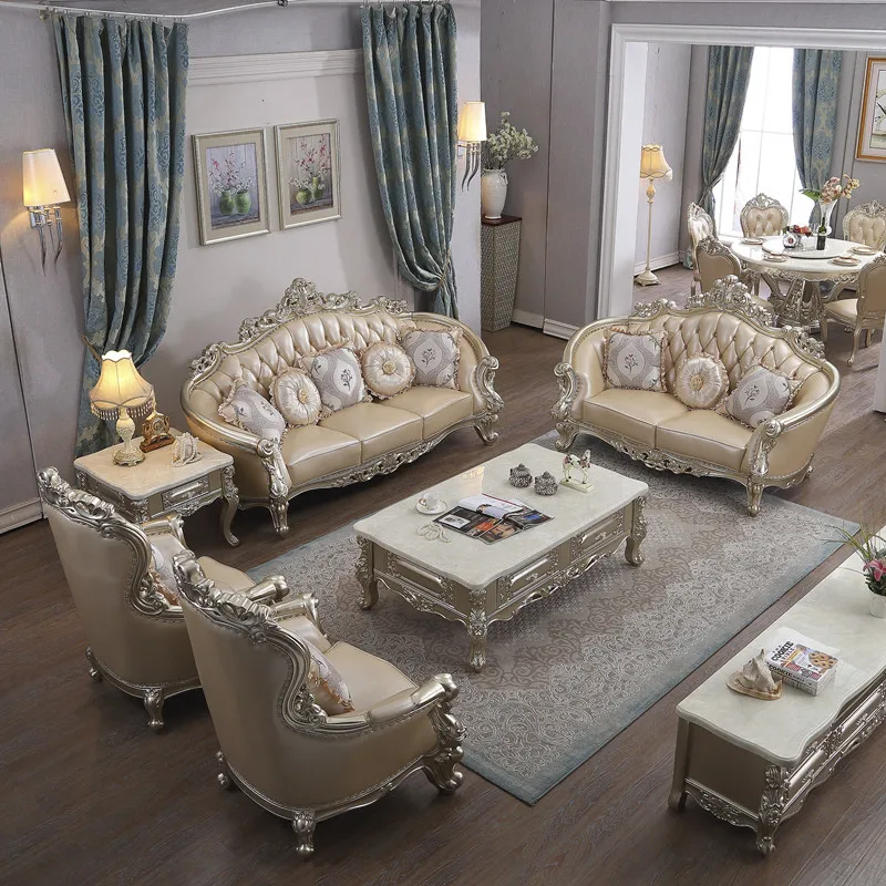 European-style Leather Sofa Combination Luxury Villa Living Room Size Solid Wood Carved Furniture Lounge Sectional