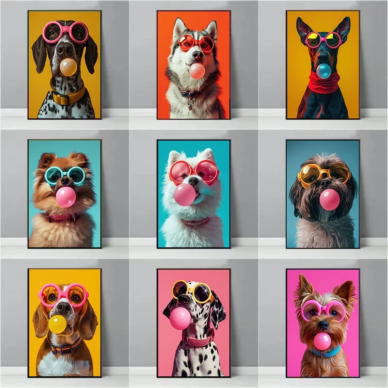Dog Colorful Bubblegum Sunglasses Poster Prints Samoyed French Bulldog Corgi Canvas Painting Wall Art Picture Room Home Decor