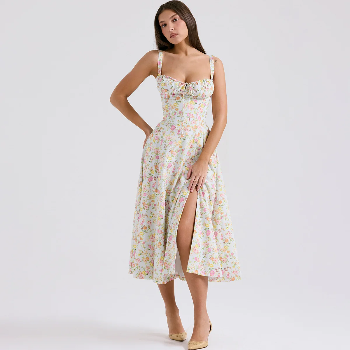 Suninheart-vestido Midi informal con tirantes finos para verano, traje elegante con estampado Floral, ajustado y acampanado, Sexy, para fiesta de cumpleaños, 2024