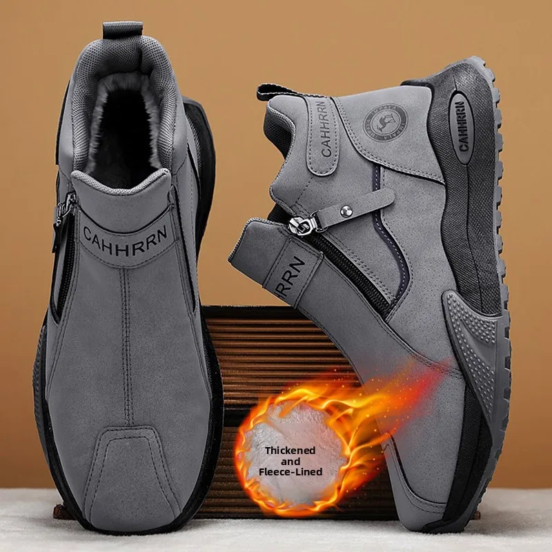 

Men's Winter Warm Fleece Lined High Top Boots Black Cotton Workwear British Style Leather Shoes Comfortable All-Season