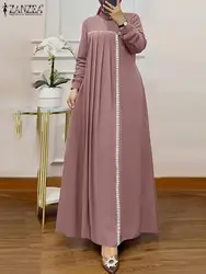 Elegant Women Pleated Maxi Dress Autumn Long Sleeve Patchwork Muslim Sundress Abaya ZANZEA Duabi Hijab Sundress Maxi Robe Femme