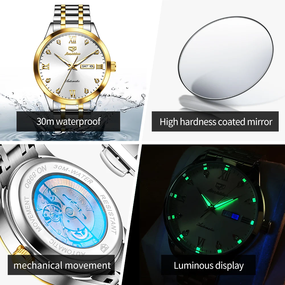 JSUDN 8980 ساعة أصلية فاخرة للرجال أوتوماتيكية بالكامل تقويم مزدوج الماس مقياس روماني مقاوم للماء ساعة ميكانيكية للرجال