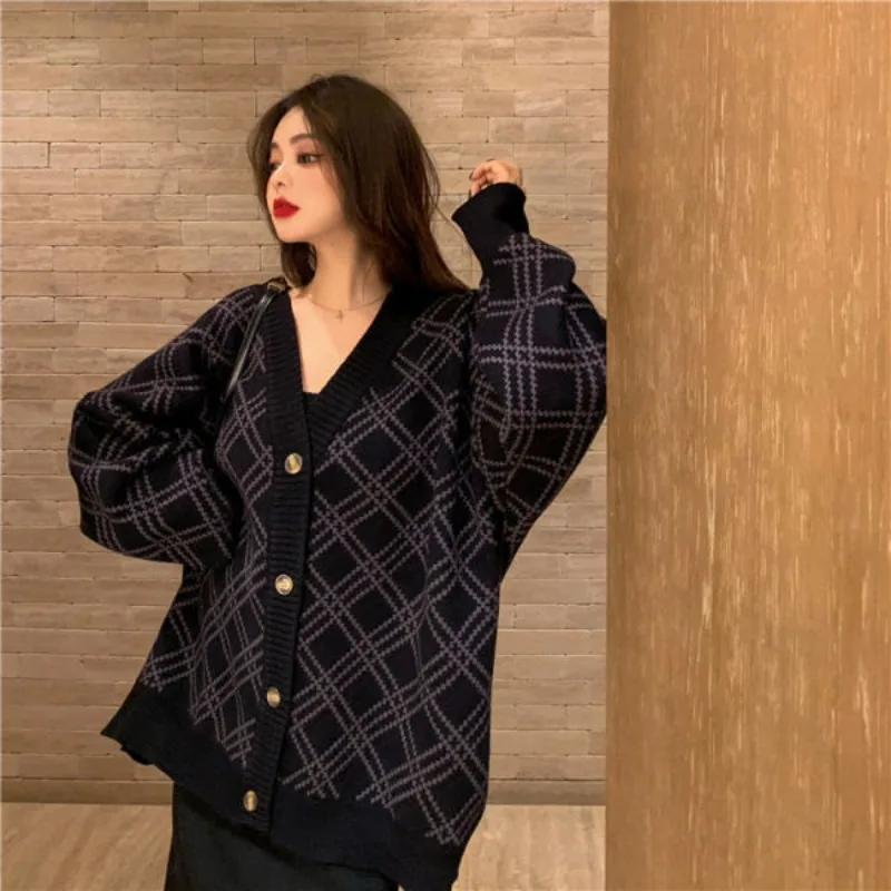 Black Cardigan Coats Women Vintage Loose Oversize Diamond M-4XL Check Knitted V-neck Patchwork Fall Winter Chic Ulzzang Female