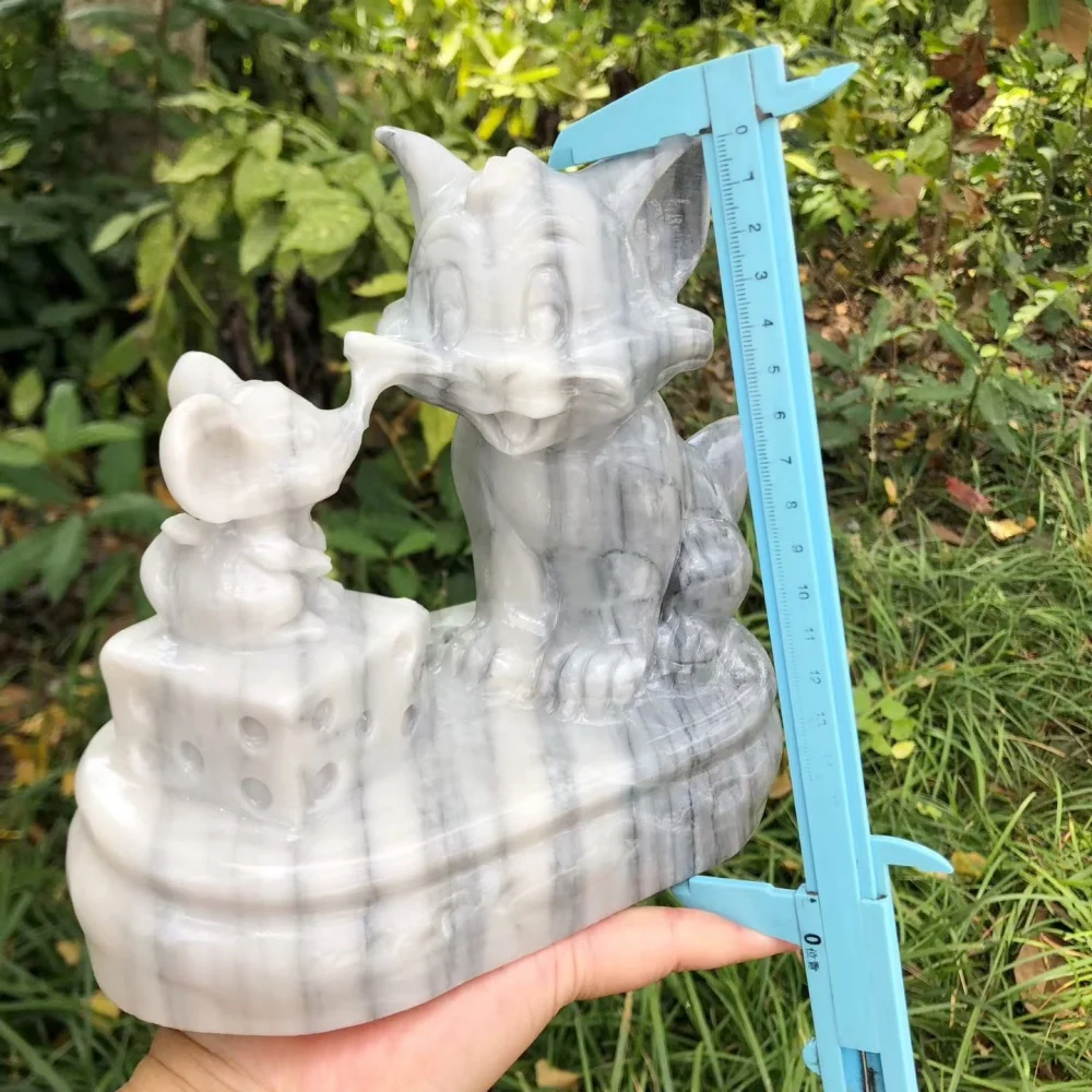 Hand Carved Natural Stone Cat And Mouse Figurine Healing Crystal Dragon Statue Home Decor Collectible Craft Gift Ornament