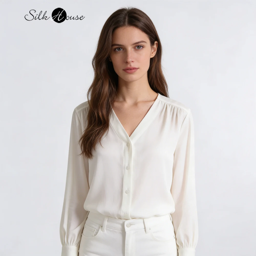 

Женская модная одежда: Премиальная рубашка из 93% натурального шелка тутового шелкопряда, эластичный двойной сатин Qiao, V-образный вырез, длинный рукав, зеленая.