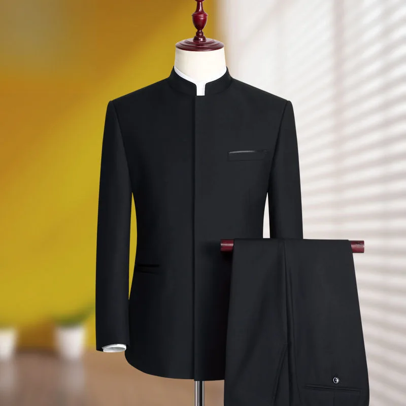 B211 Zhongshan suit men's youth slim groom dress red performance clothes banquet stand collar suit style