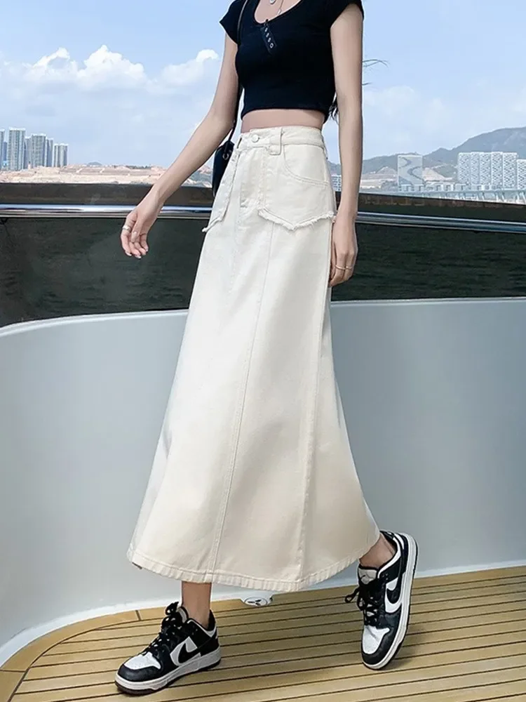 

GUUZYUVIZ Denim Skirts Womens Summer Casual High Waisted Pocket Midi Skirt Ladies Korean Fashion Mermaid Skirt Female