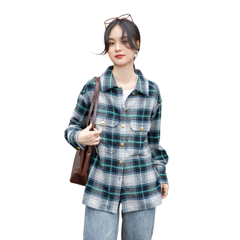 BOWEYLUN جديد خمر المطحونة الأزرق منقوشة قميص طويل الأكمام المرأة الربيع والخريف فضفاض مكدسة بلوزة بلايز الإناث