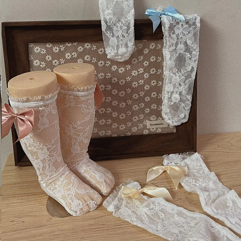 Baby Lace Socks Children Summer Mesh Long Socks Ribbon Bow Princess Ruffle Brim Stockings Lolita Girl Footwear 0-6Year Kids