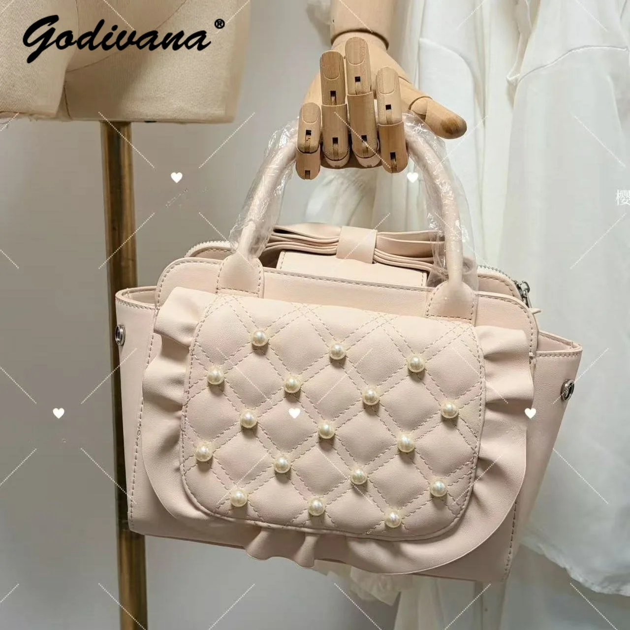 Japanese Style Pearl Diamond Quilted Pink Handbag Sweet Girl Women's Leather Crossbody Bag Cute Portable Tote Bags