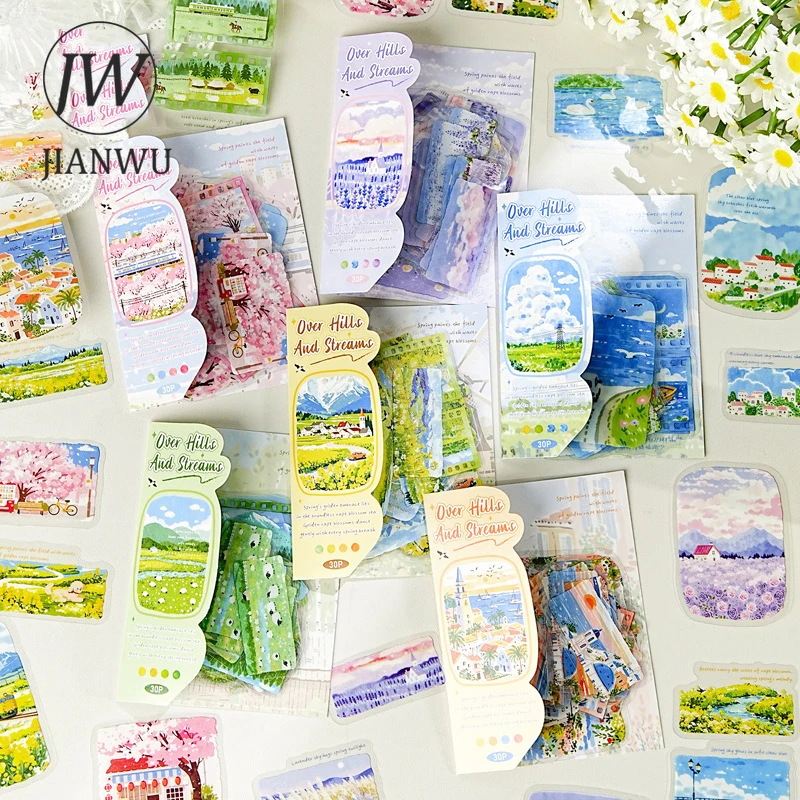 JIANWUWalked Through Mountain Series Vintage Flower Grassland Landscape Material Collage PET Sticker Creative Journal Stationery