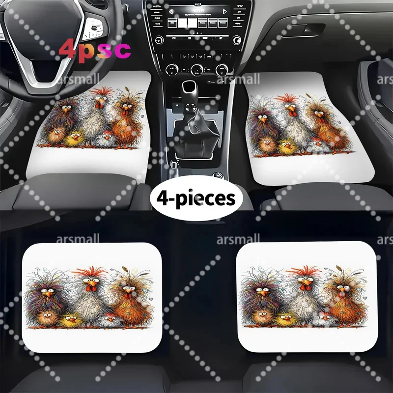 4pcs Car Floor Mats Set With Colorful Chicken Design, Suitable For All Models, Polyester Material, Stylish And Durable, Easy To