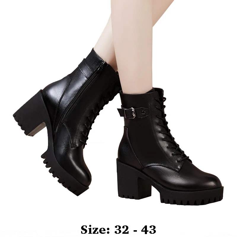 

High quality mid-calf leather boots for women 8cm high heel lace up new 2025 32 33 34 autumn winter elegant shoe black